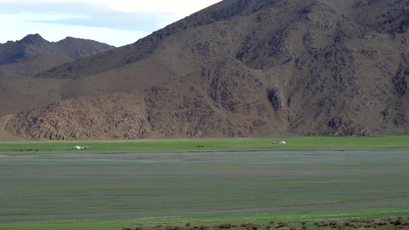 Mongolian Tents in Green Plain Beside The Treeless Hill