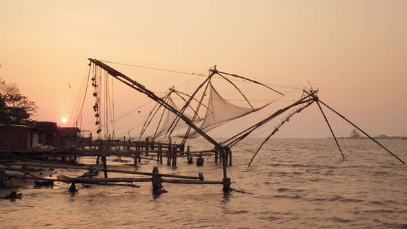 Chinese Fishing Net at Sunrise in Cochin, Kerala, India