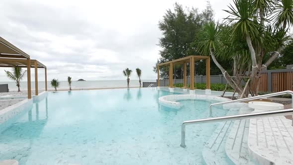 Relaxing Garden With The Swimming Pool Surrounded By Beautiful Beach View