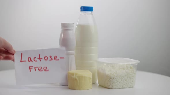 Dairy Products on Table with Lactosefree Message Closeup