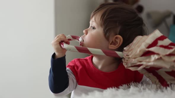 ittle boy chews on an umbrella handle while his teeth are growing