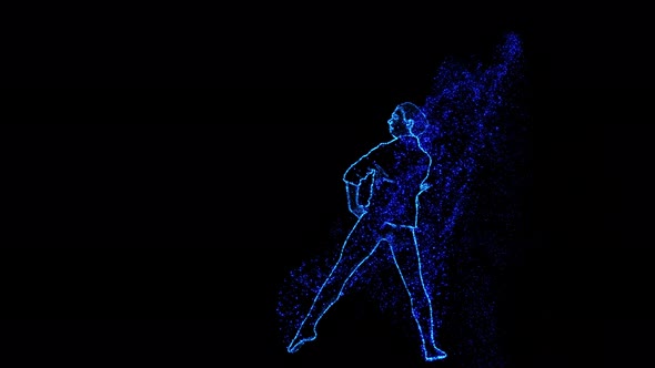 Man of Blue and Gold Particles Performs a Dance Element From Classical Ballet alt