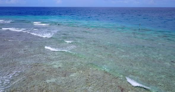 Natural overhead abstract view of a sandy white paradise beach and blue water background in high res