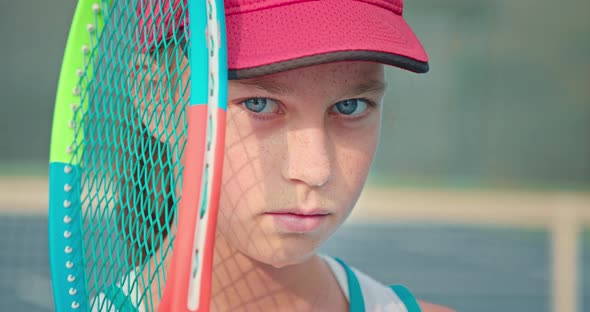 Cinematic Shot of Beautiful Sweaty Girl with Big Blue Eyes and Tennis Racket