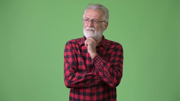 Handsome Senior Bearded Man Against Green Background