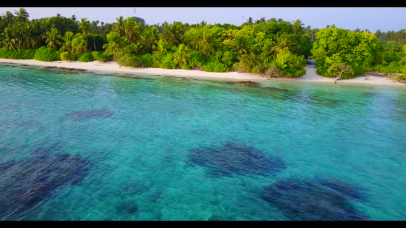 Aerial sky of luxury coast beach journey by shallow ocean with white sand background of a dayout aft