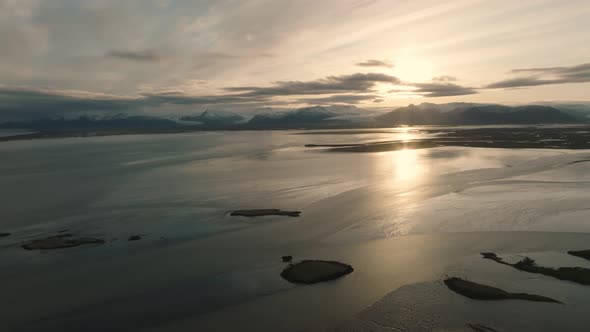 Fantastic Aerial Views of the Landscape in Iceland with Vestrahorn Mountains on the Horizon