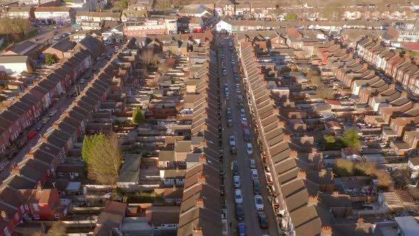 Aerial View of Terraced Working Class Housing in Luton at Sunset