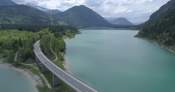 Bridge over mountain lake reservoir, Sylvenstein, Bavaria, Germany