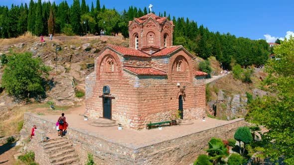 Macedonia Landmark - Historic Orthodox Church At Lake Ohrid. Aerial shot.