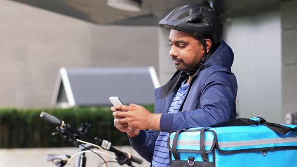 Delivery Man with Bag Smartphone and Bicycle