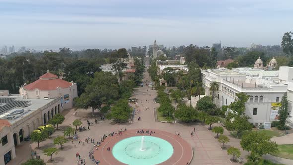 Aerial of Bea Evenson Fountain and El Prado walkway