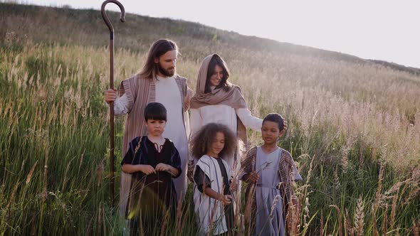 Jesus with Stuff Children and Mary Among the Ears on the Hill