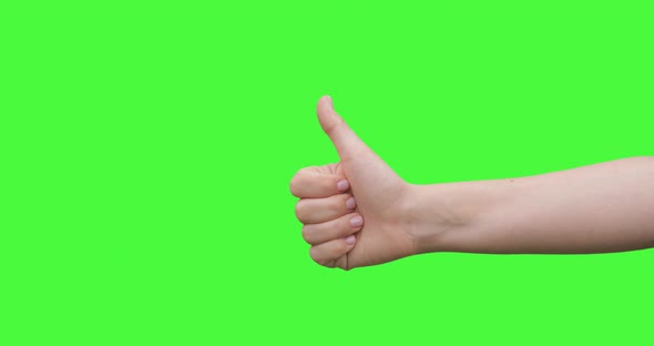 Isolated Woman Hand Showing Thumbs Up or Like Sign Symbol. Green Screen Compositing. 