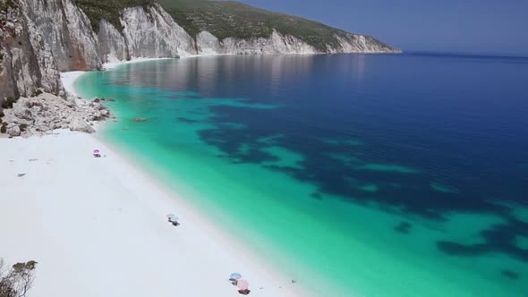 Panning Shot Video of Beautiful White Beach with Calm Clear Blue Turquoise Sea Water. White