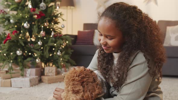 Cute Girl and Dog in Living Room at Christmas