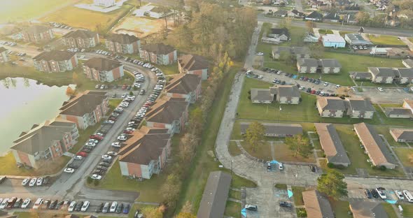 Panoramic Top View on Area Urban Development Residential Quarter Near Small Pond in Denham Springs