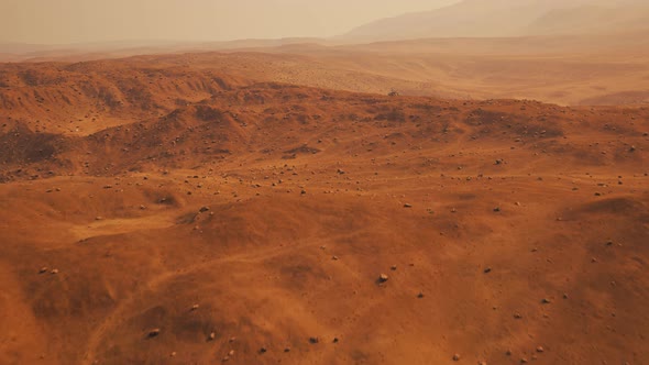 Planetary rover on the surface of Mars exploring alien planet landscape. 4K