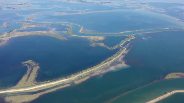 Aerial view of a flooded area with lagoon in Chatmohar, Bangladesh.