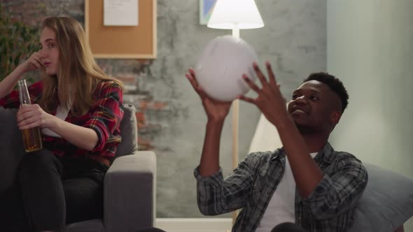 Happy Black Man Turns Ball Enjoying Football Team Play