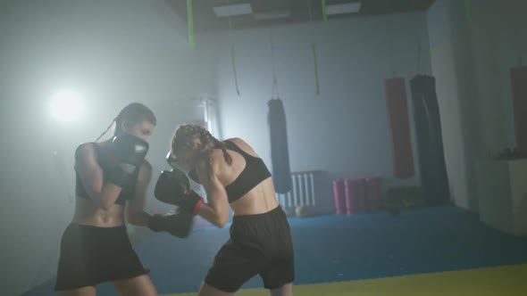 Combat Sparring of Two Females Fighters Training in the Boxing Gym Females Train Defence and Series