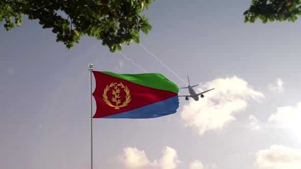 Eritrea Flag With Airplane And City -3D rendering