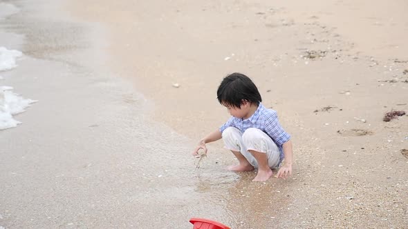 Cute Asian Child Playing On The Beach