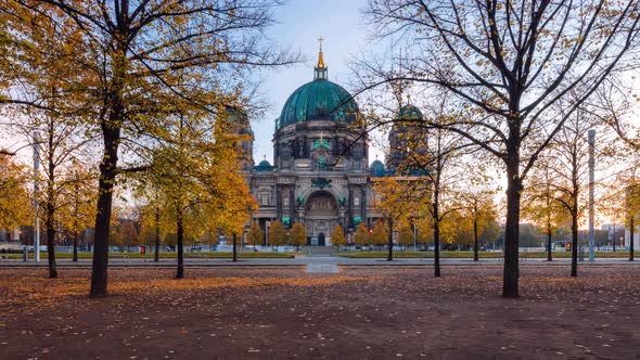 Night to Day transition Time Lapse of Berlin Cathedral during autumn season, Berlin, Germany