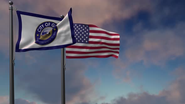 Gilroy City Flag Waving Along With The National Flag Of The USA - 4K