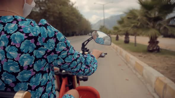 Girl Having Fun On Vacation Holiday Ride On Motorcycle. Adventure Freedom Trip.Discovering New Route