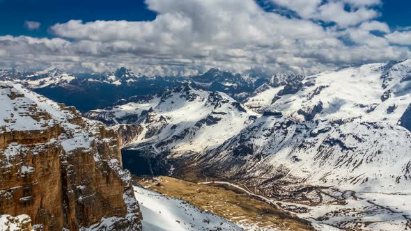 View of the valley from the top of Sass Pordoi in the Dolomites, 4k timelapse