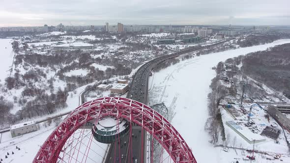 Zhivopisniy bridge, Moscow, Russia. Aerial