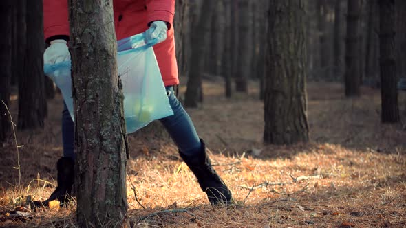 Cleaner Woman Collecting Trash In Forest. Trash Volunteer Eco Activist. Picking Tidying Trash.