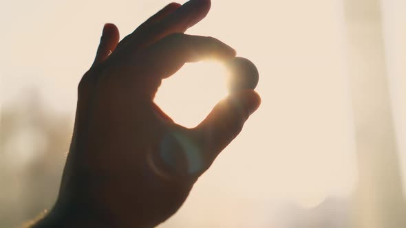 Man Hand with Little Coin at Bright Sun Backlight Close View
