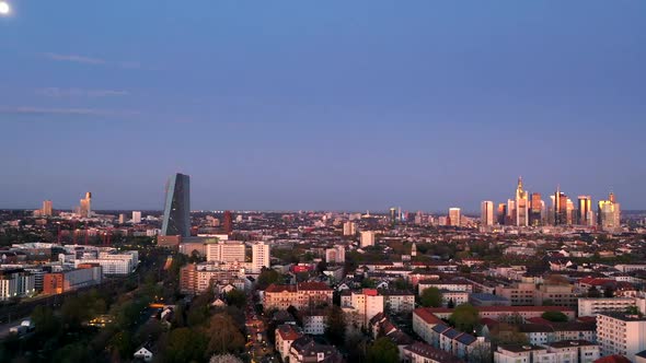 Aerial hyperlapse movie of sunrise over the Frankfurt skyline in Germany