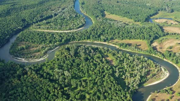 Aerial View of Winding River in Forest