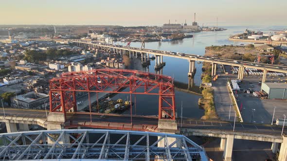 Aerial of bridges over Riachuelo river and traffic in Buenos Aires