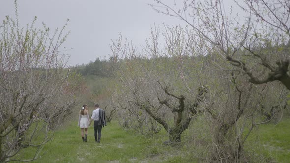 Beautiful newlyweds walking in nature in forest