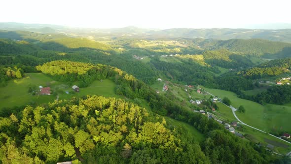 Panoramic View Of The Small Town At The Beautiful Slovenian Valley. aerial