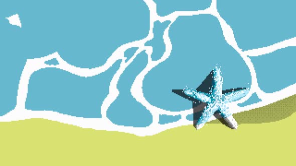 Animation video of a beach with waves hitting a starfish lying in sand. Animation created to play in