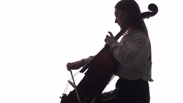 Silhouette of a Girl Playing the Cello on a White Background in the Studio