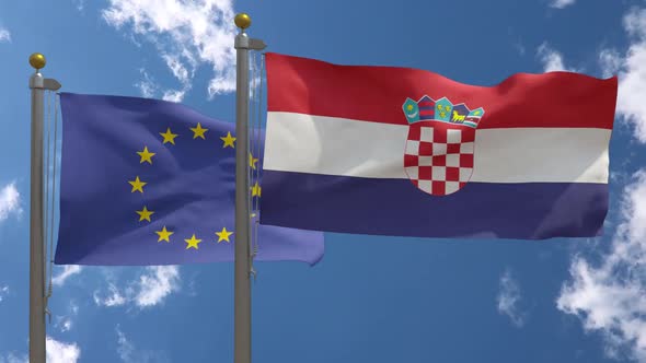 European Union Flag Vs Croatia Flag On Flagpole