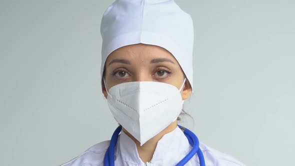 Female Doctor is Putting Off Protective Blue Gloves Isolated on White Background After Some Medical