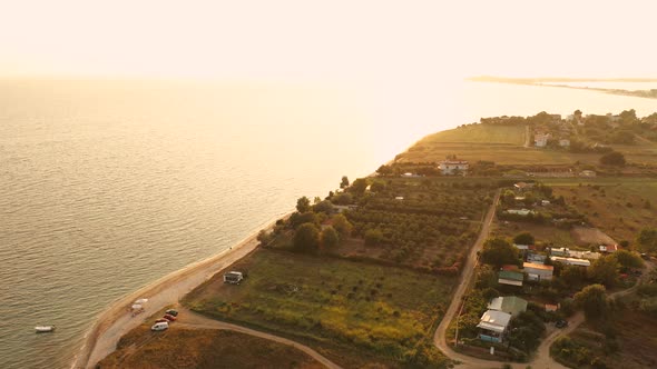 Aerial Top View Above Sunset Sand Beach Sea