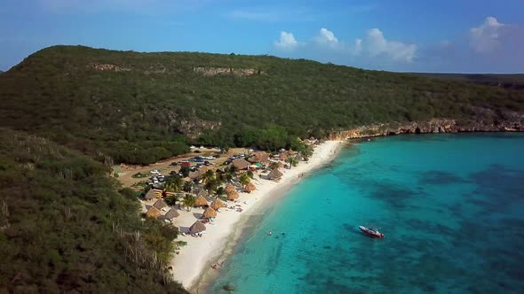 Aerial view truck right of Cas Abao beach on Curacao, Dutch Caribbean island on a sunny day.