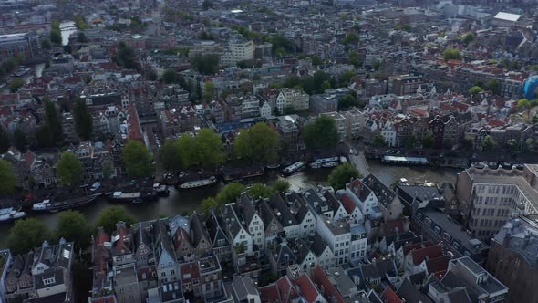 Wide View Circling Over Amsterdam Residential Aerial with Houses and Canal