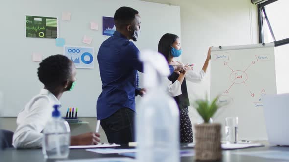 Diverse male and female office colleagues wearing face masks giving presentation to their colleagues