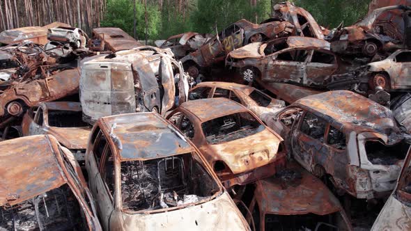 War in Ukraine a Dump of Shot and Burned Cars in Irpin Bucha District