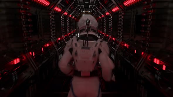 Astronaut Runs Through a Tunnel to Another Compartment of the Space Gate