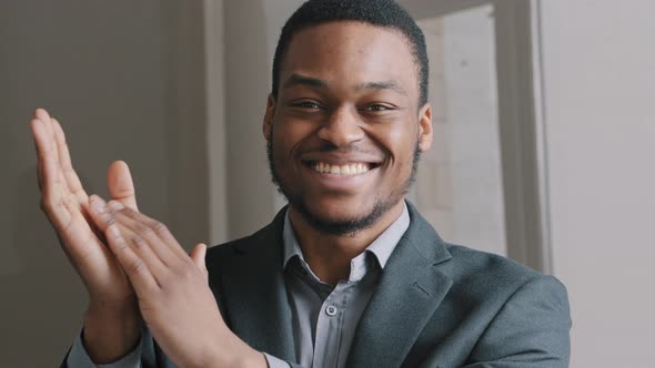 Headshot Happy Confident Young African American Businessman Student Look at Camera Clap Hands